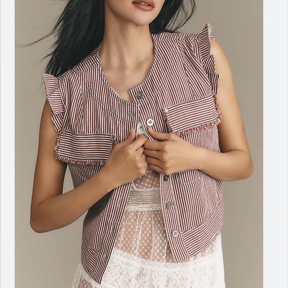 Anthropologie Pilcro‎ Nautique Utility Blouse Vest XL Railroad Stripe Heritage